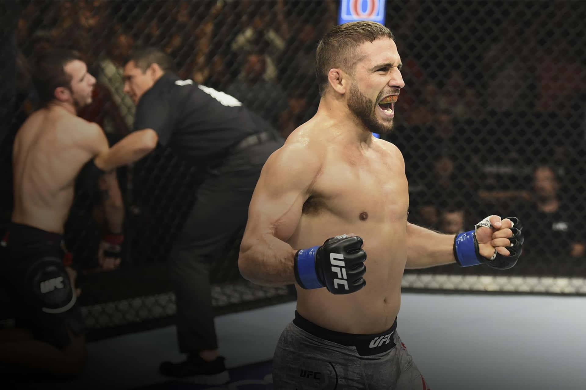 UFC拳手在八角籠內握緊拳頭，以怒吼的表情慶祝勝利。