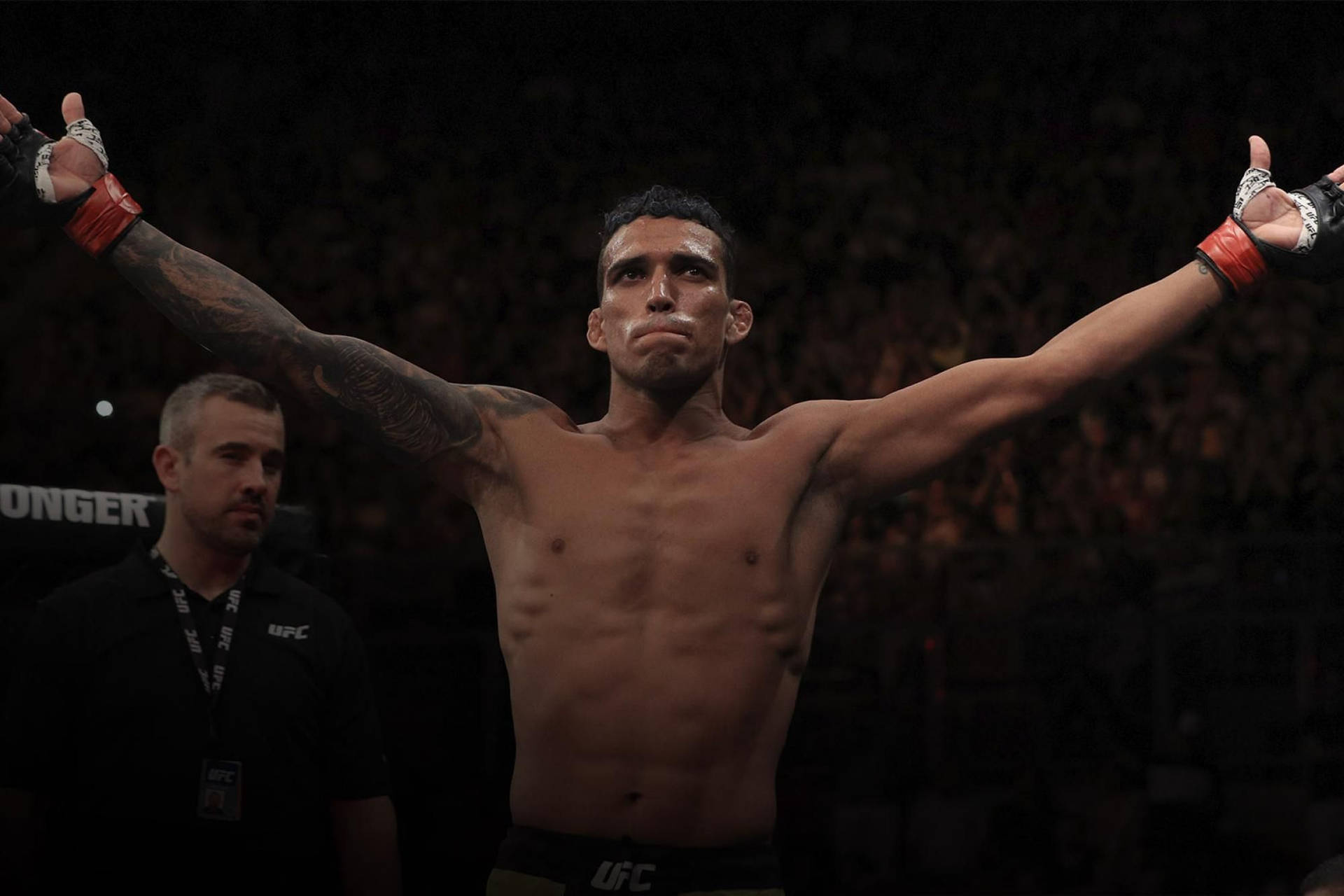 UFC拳手在八角籠中高舉雙臂慶祝勝利。