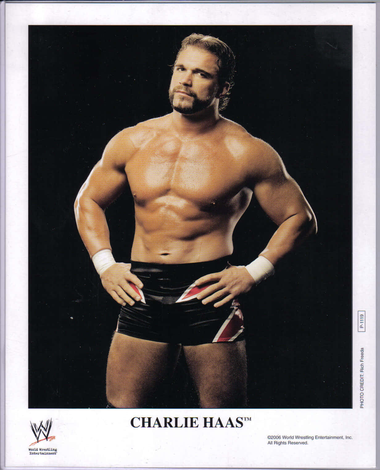 查理·哈斯官方WWE海報 壁紙 — 肌肉發達的摔角手 Charlie Haas 穿著黑色摔角短褲，在深色工作室背景前自信地擺姿勢。