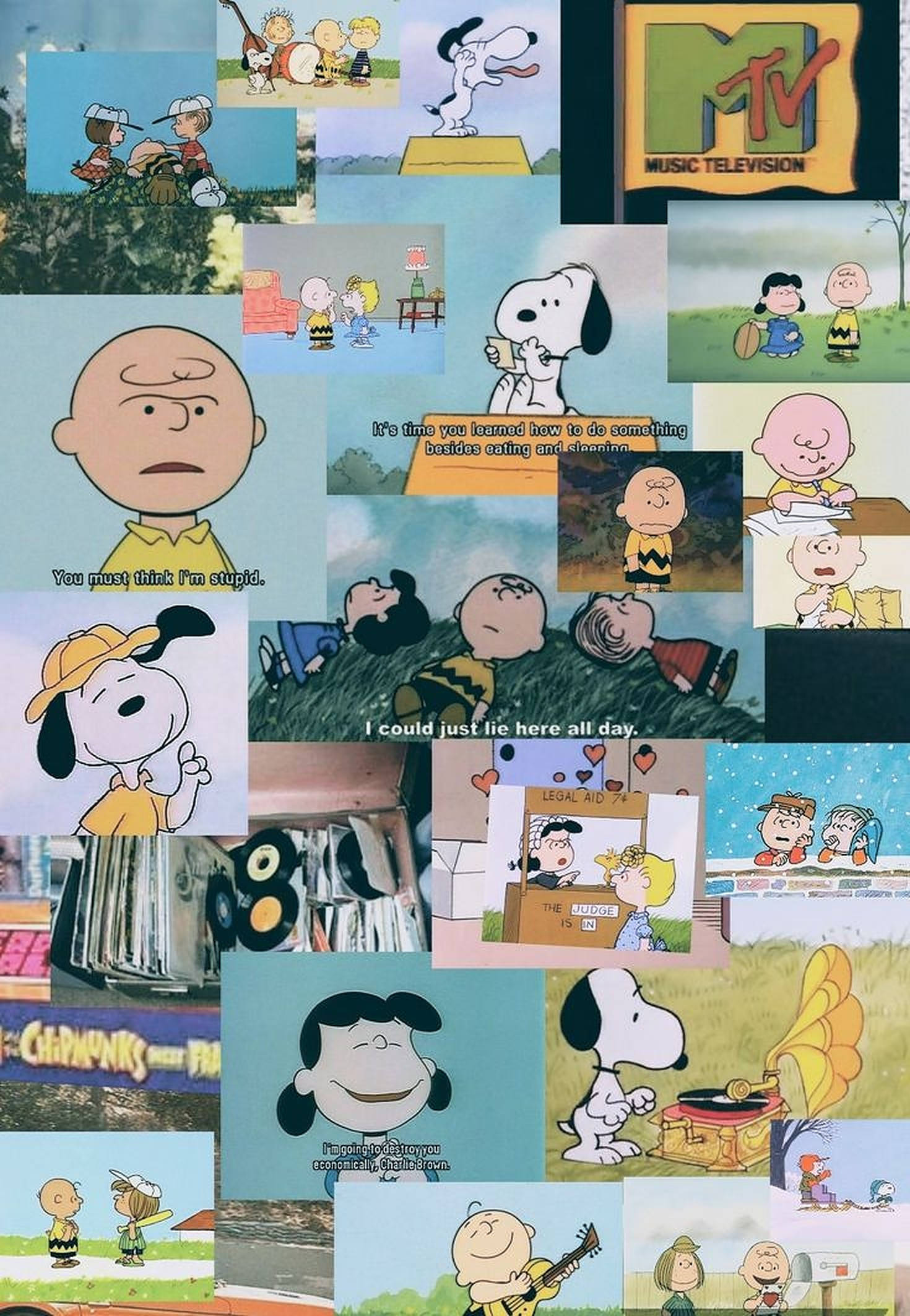 查理·布朗拼貼畫 壁紙 — 經典花生漫畫連環圖的鮮明拼貼， featuring Charlie Brown、Snoopy 和朋友們在懷舊動畫場景中。