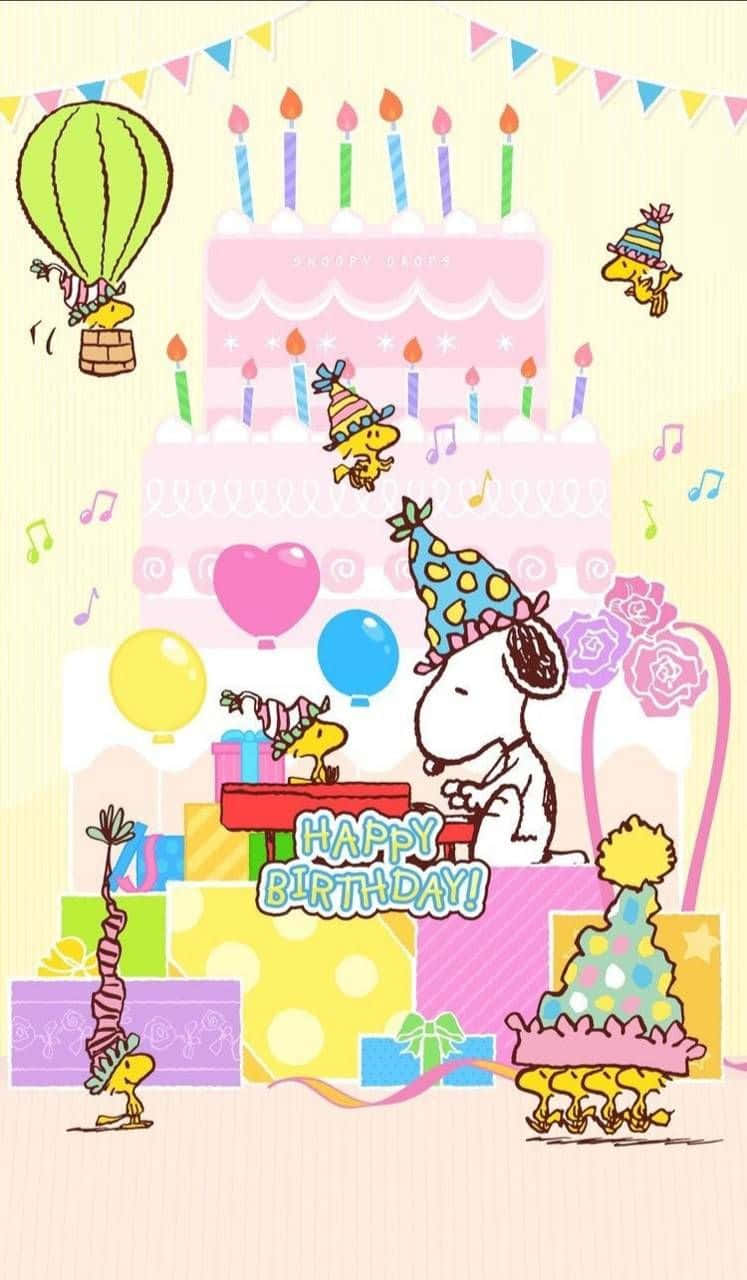 查理·布朗生日快樂！ 壁紙 — 史努比和朋友們用巨大的蛋糕、蠟燭、氣球和熱氣球在色彩繽紛的卡通場景中慶祝快樂的生日。