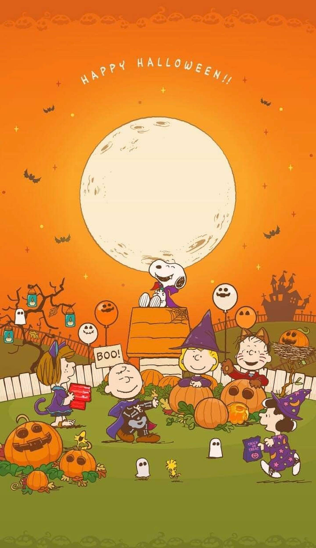 Peanuts 角色穿著萬聖節服裝在滿月下慶祝。