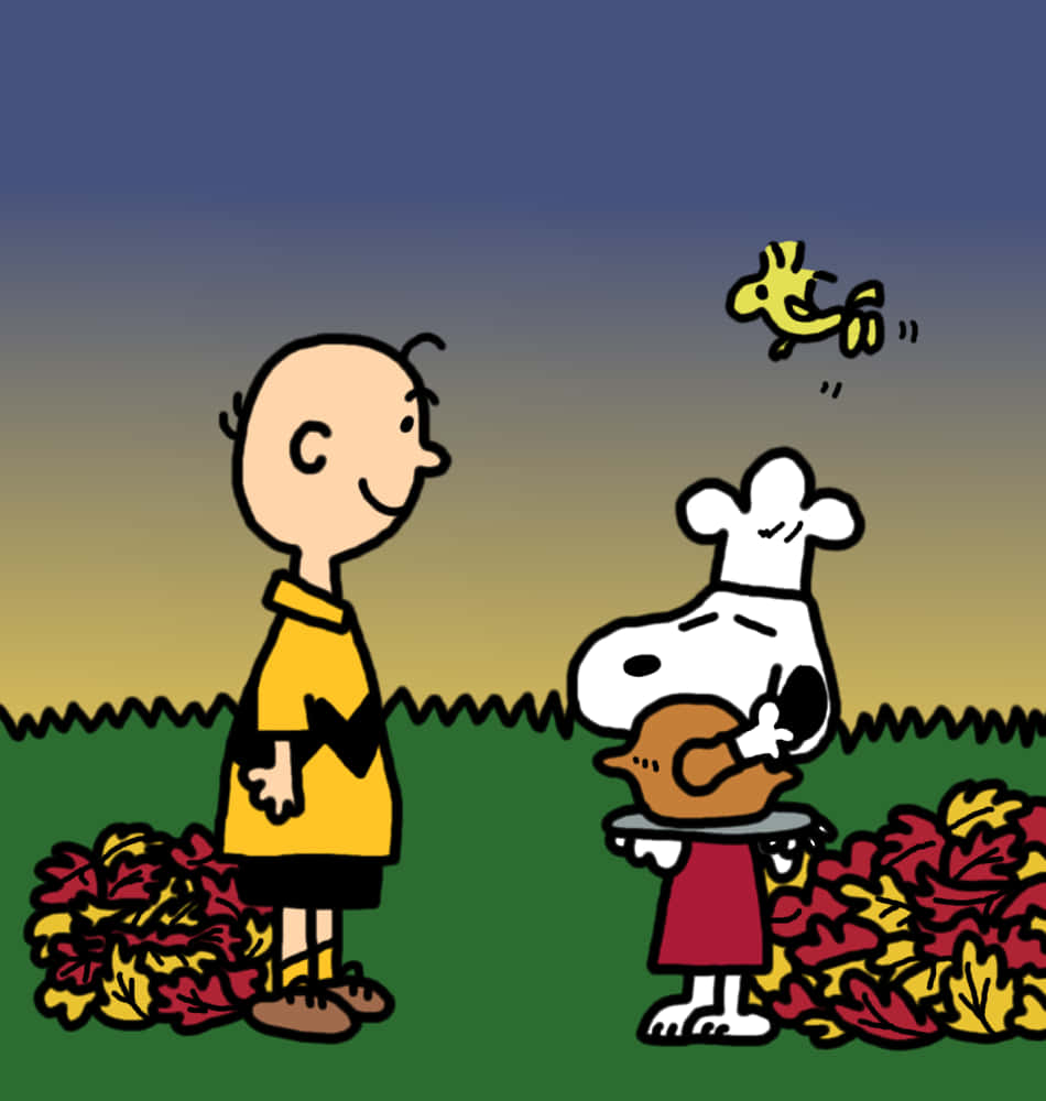 Charlie Brown 同 Snoopy 喺秋天落葉中同火雞一齊（黃昏）