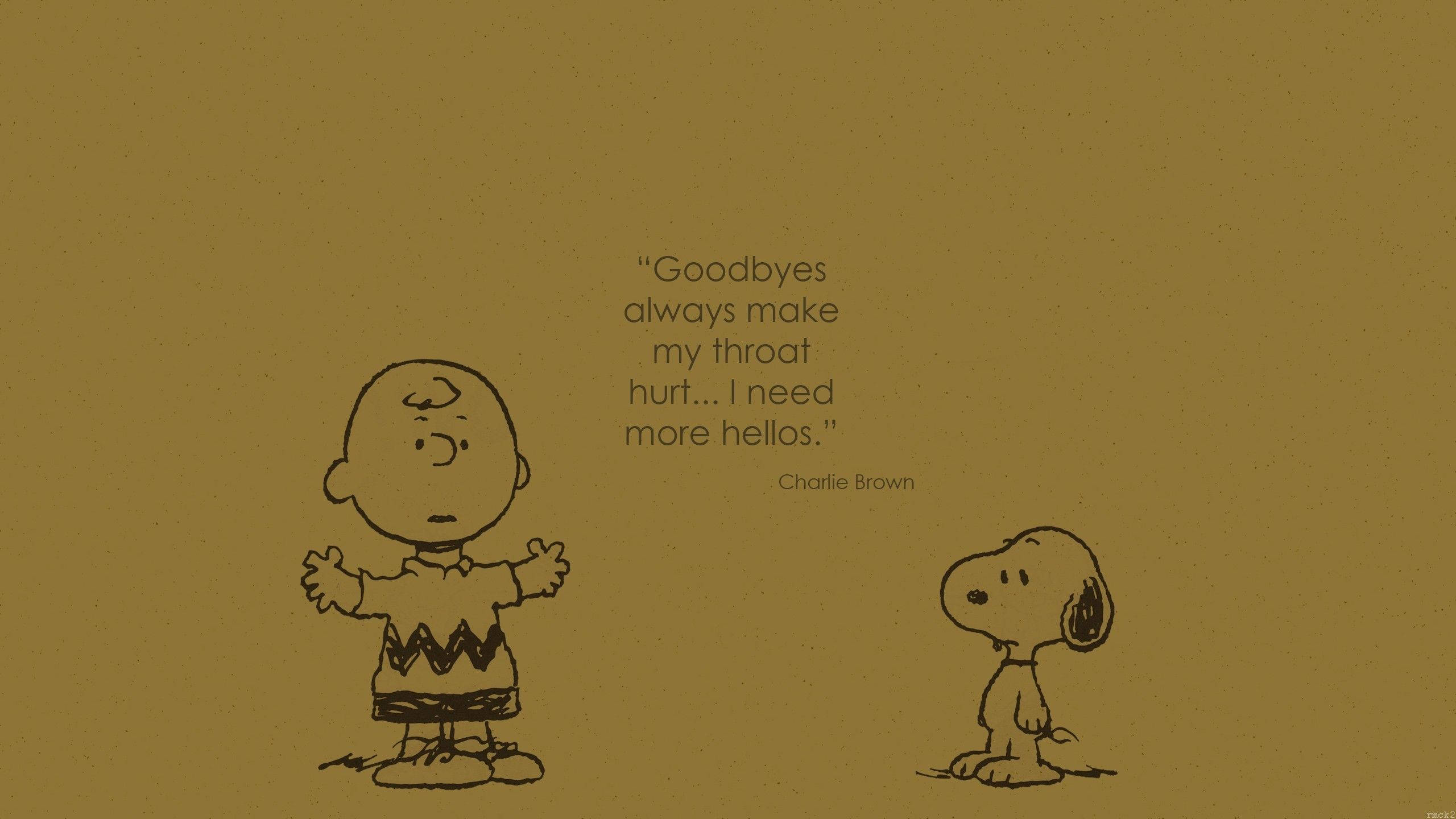Charlie Brown 桌布 壁紙 — 查理布朗和史努比並肩站在溫暖的棕色背景前，附有關於告別和問候的感人語錄。
