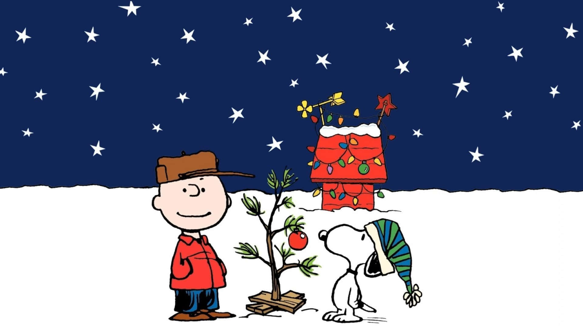 Christmas Movie 桌布 壁紙 — 查理布朗和史努比在繁星點點的冬日天空下裝飾一棵小聖誕樹，背景是史努比的狗屋。