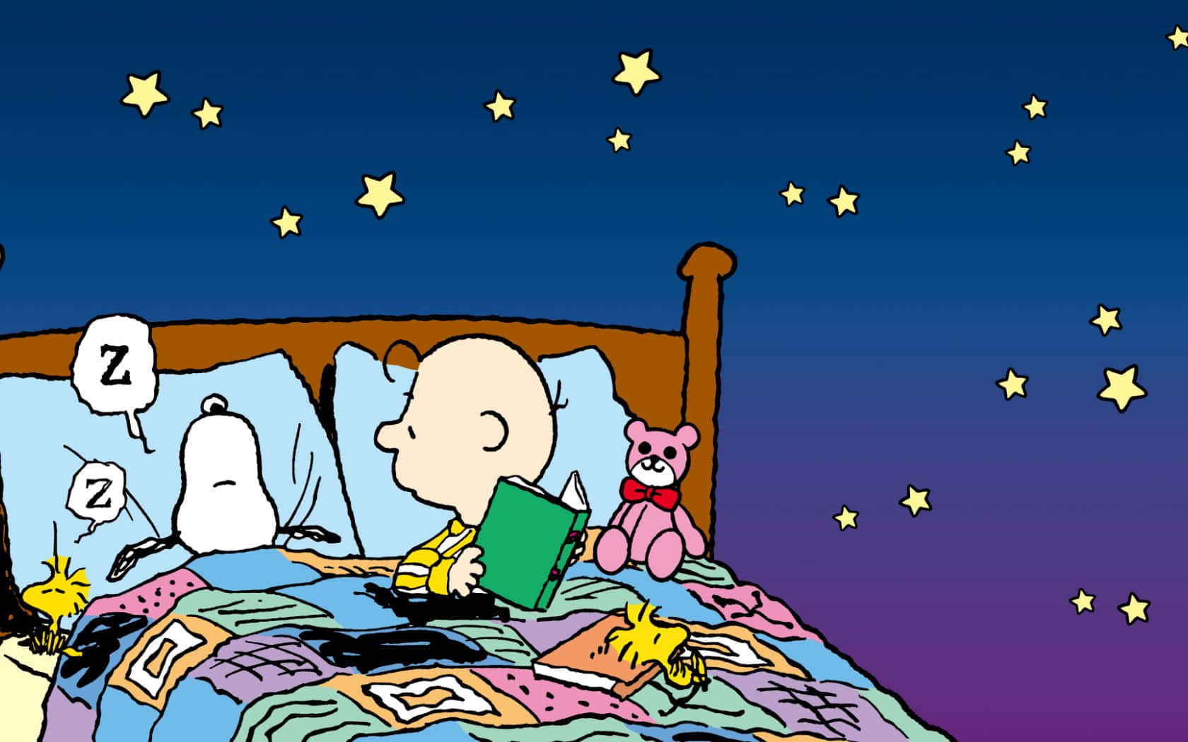 Sleep 桌布 壁紙 — 查理布朗在星空下的床上看書，史努比和胡士托在他旁邊睡著了。
