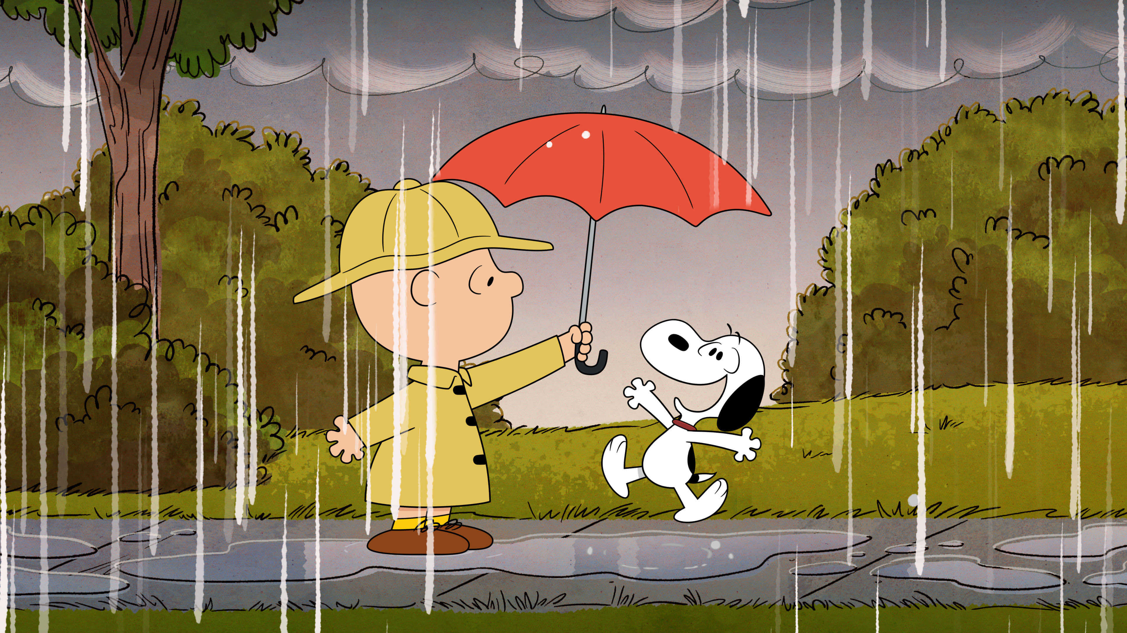 史努比 桌布 壁紙 — 查理布朗在陰天大雨中為史努比撐著一把紅色雨傘。