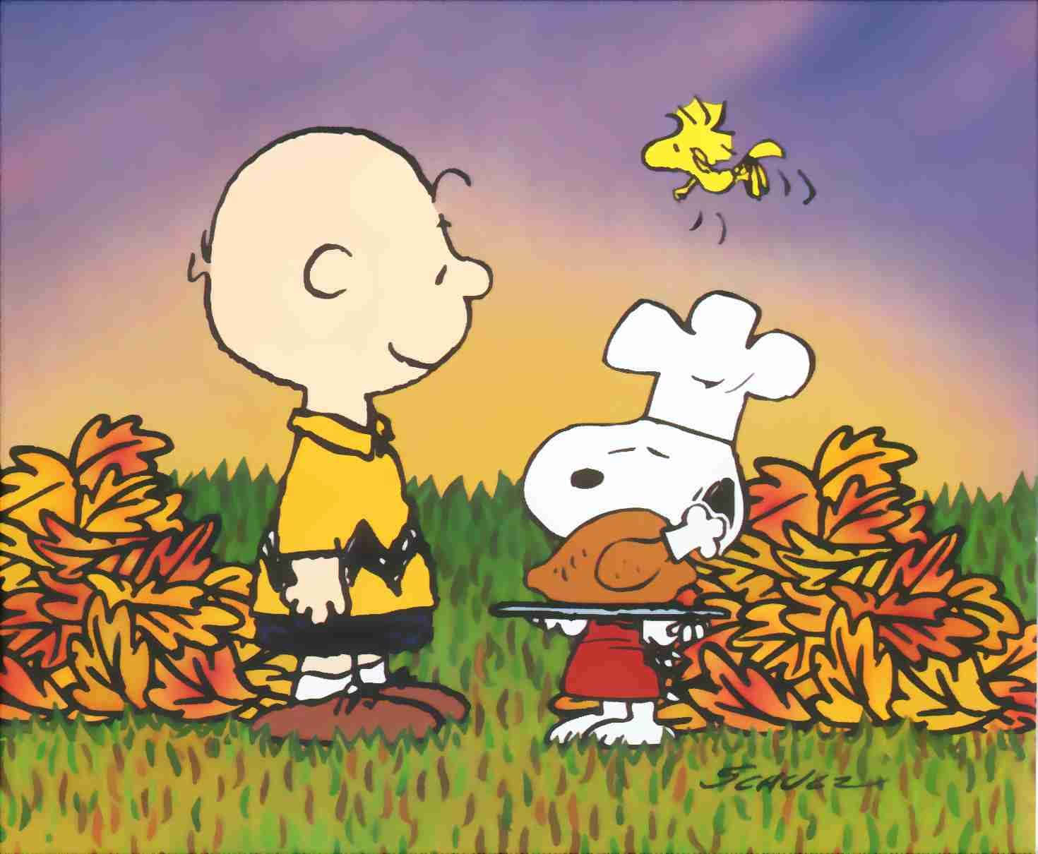 Charlie Brown 和 Snoopy 與火雞在秋天的落葉中