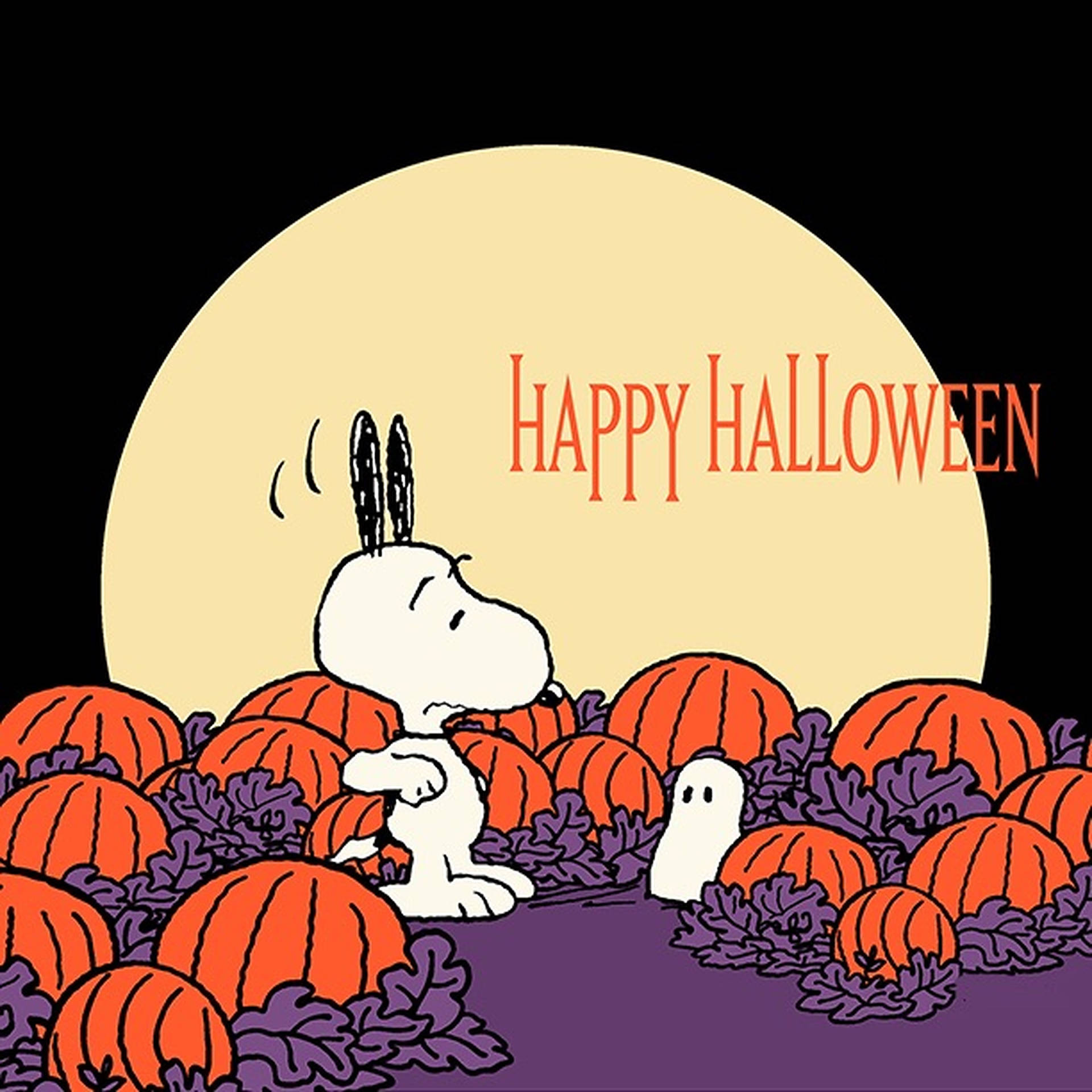史努比被南瓜包圍，在滿月下有一個鬼魂和「Happy Halloween」文字。