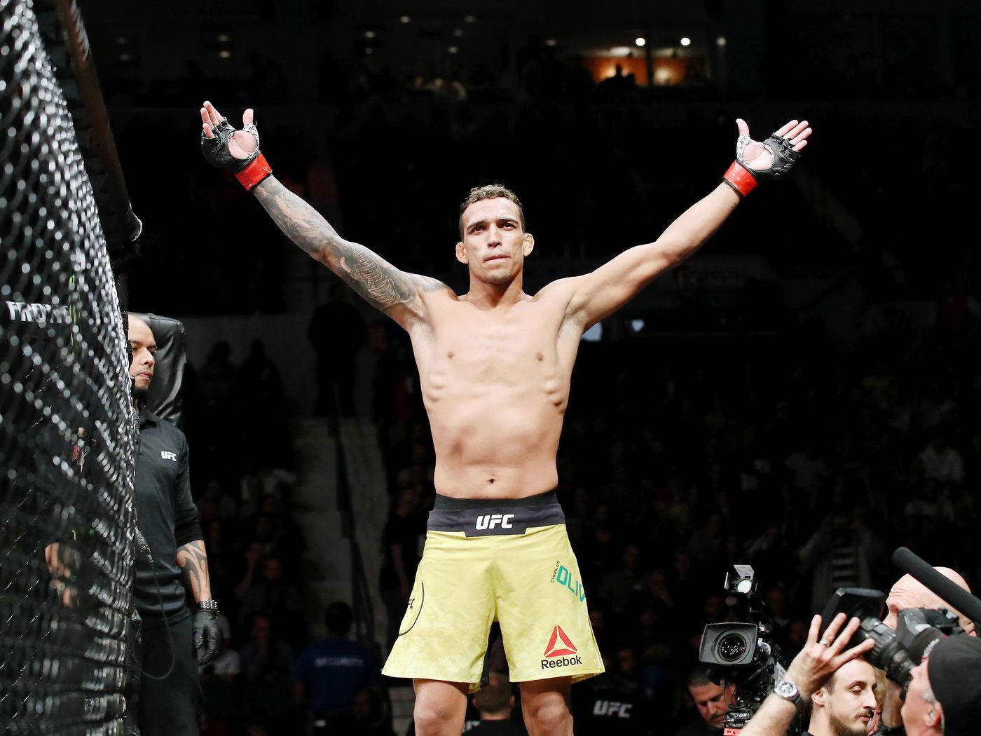 MMA拳手在UFC八角籠內高舉雙臂慶祝勝利。