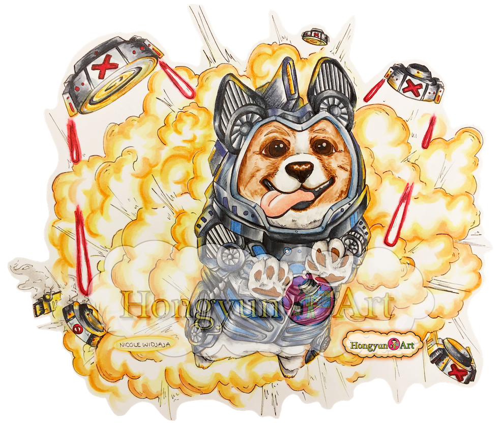 柯基宇航員插畫 壁紙 — 一隻快樂的哥基犬穿著精細的未來風格盔甲，伸出頑皮的舌頭衝破火焰爆炸。