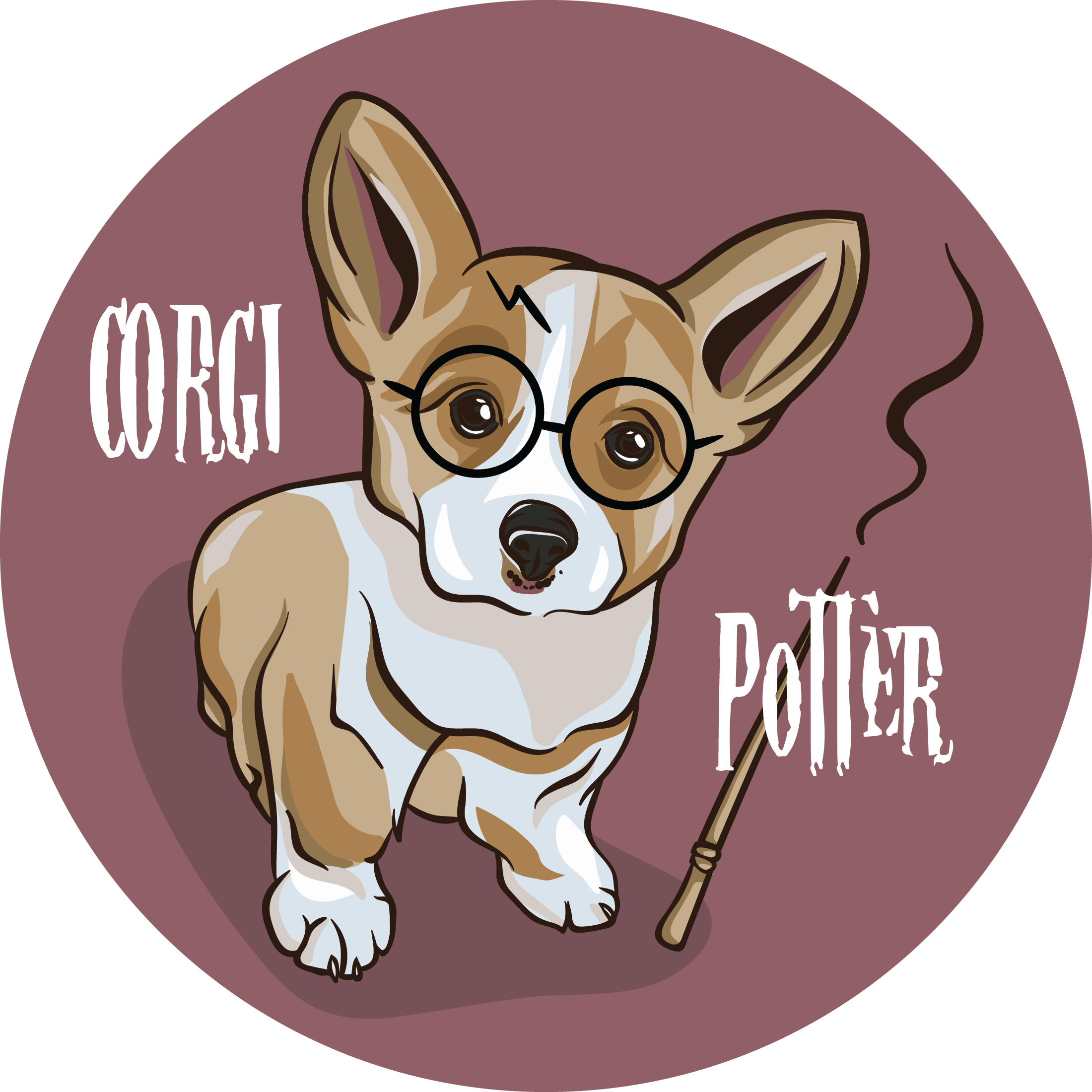 柯基巫師卡通插圖 壁紙 — 一隻卡通哥基犬戴着圓形眼鏡，手持冒煙的魔杖，造型像哈利波特。