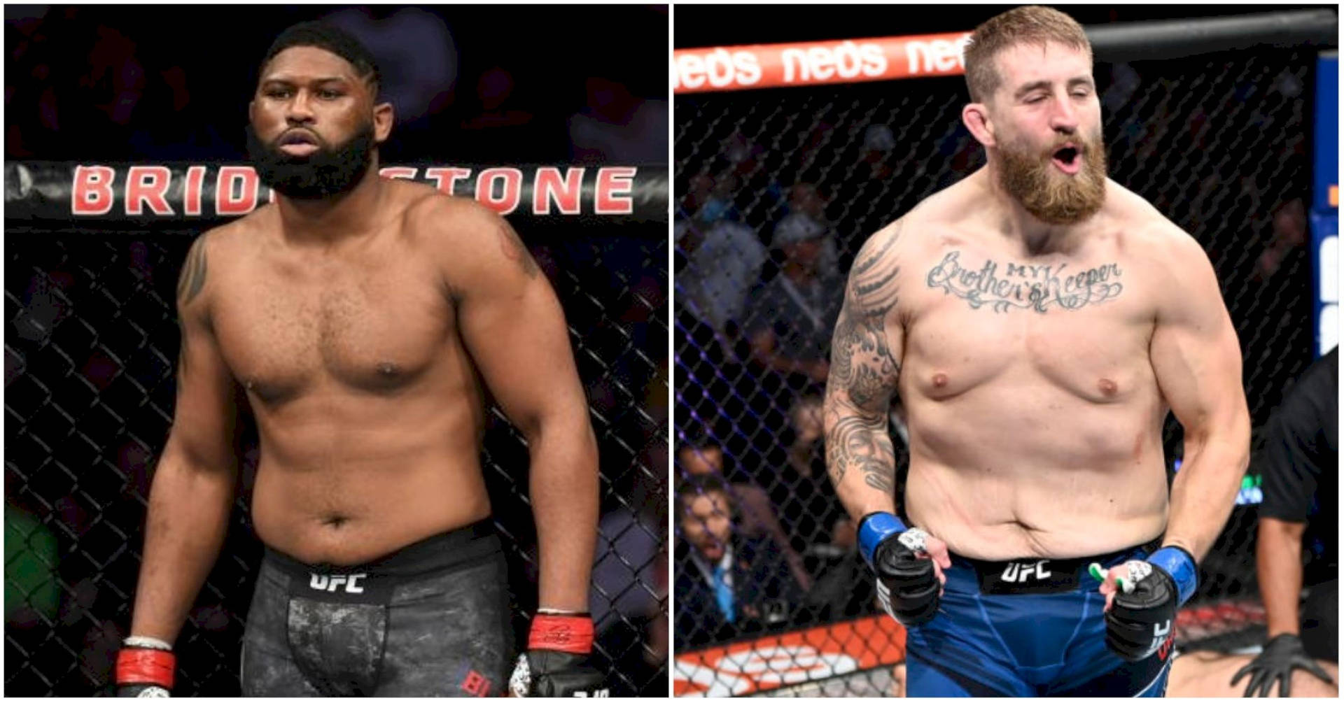 兩名男性MMA拳手在比賽期間身穿UFC裝備站在八角籠內。
