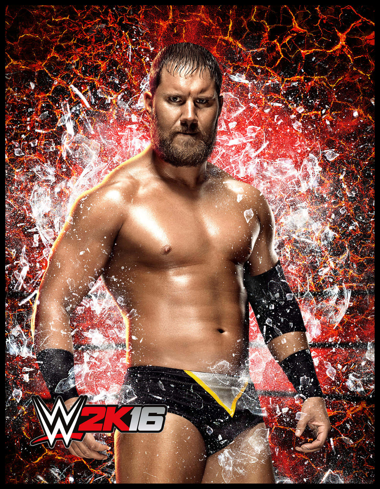 柯蒂斯·阿克塞爾WWE 2K16宣傳海報 壁紙 — 一位留鬍鬚的肌肉發達摔角手，在碎裂的冰塊飛舞中，以火紅裂紋背景為襯，挑釁地站立。