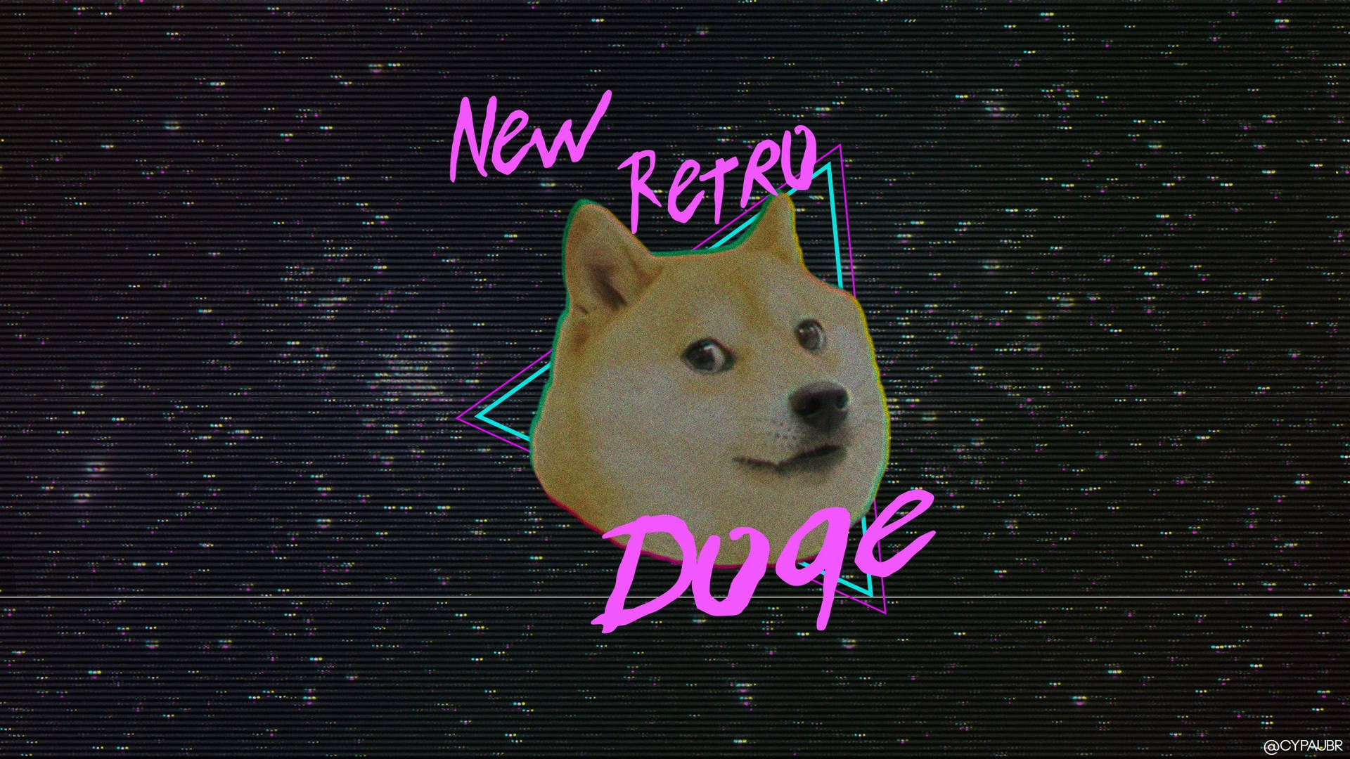 一個狗狗迷因，在故障背景上帶有霓虹色的「New Retro Doge」文字。