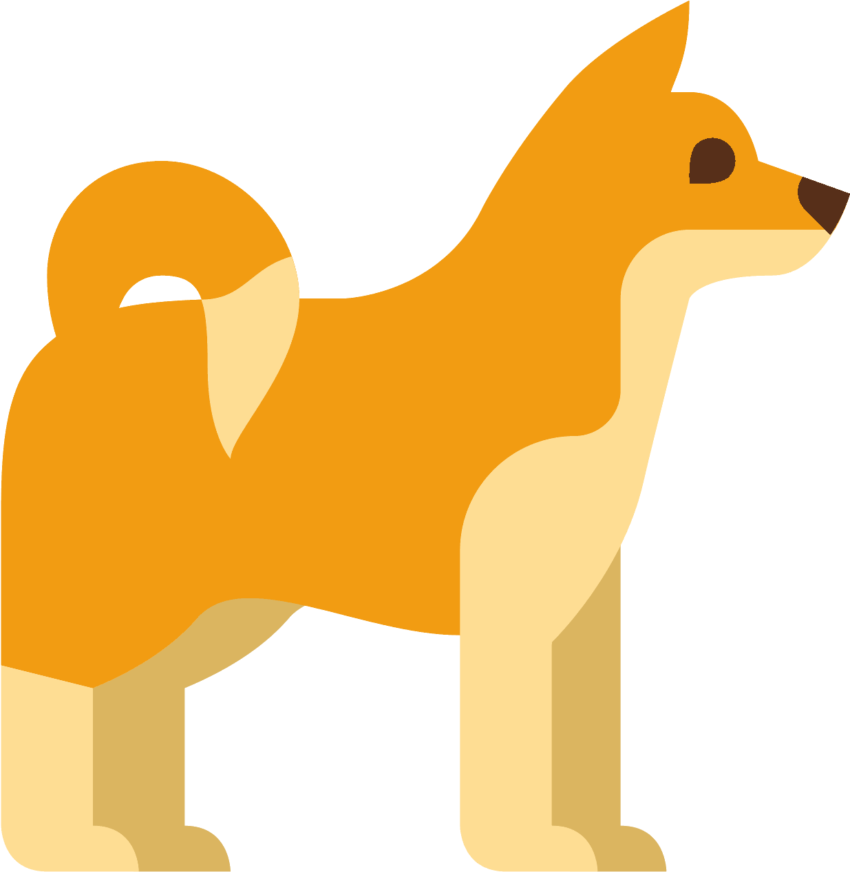 柴犬卡通插圖 壁紙 — 一隻風格化的橙色狗，尾巴捲曲，側面站立在黑色背景前。