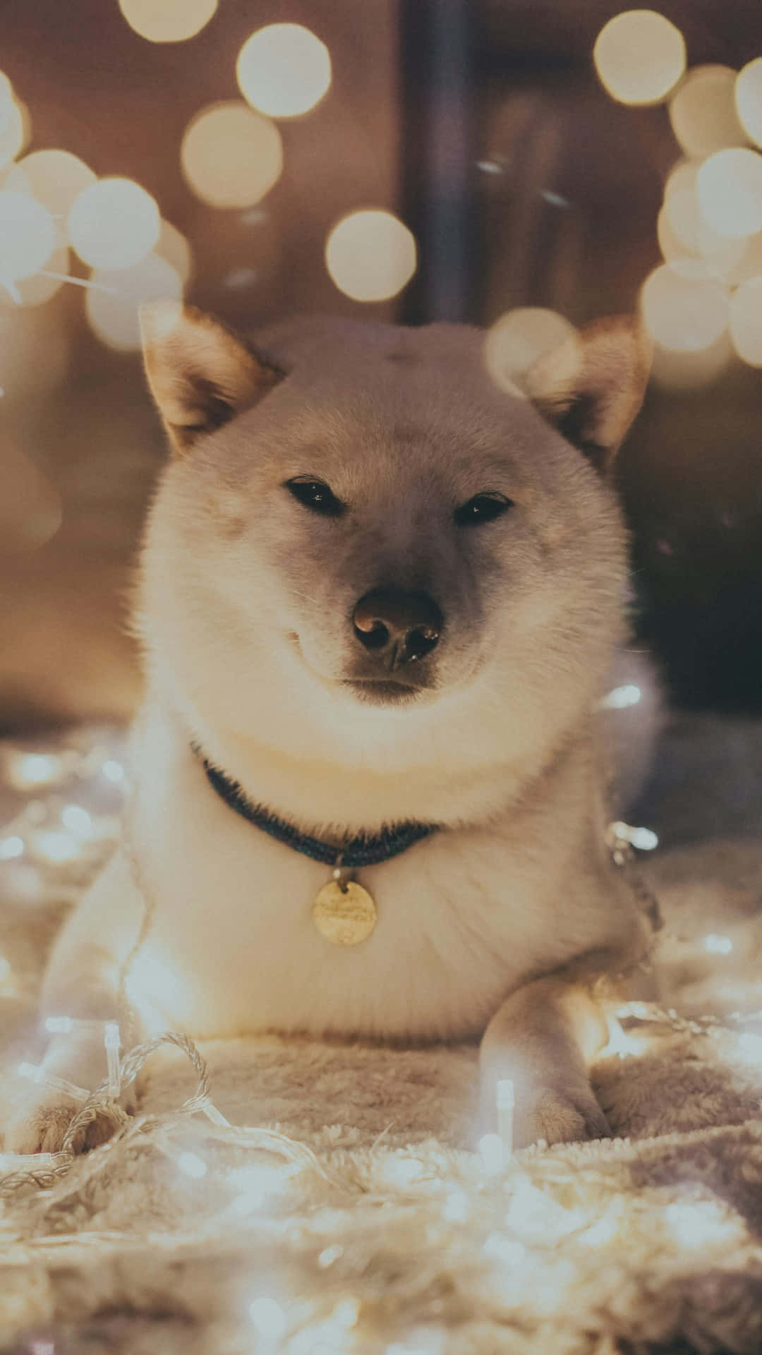 柴犬圍繞溫暖燈光 壁紙 — 一隻毛茸茸的白色柴犬平靜地坐在閃爍的仙女燈中，背景是柔和的散景。