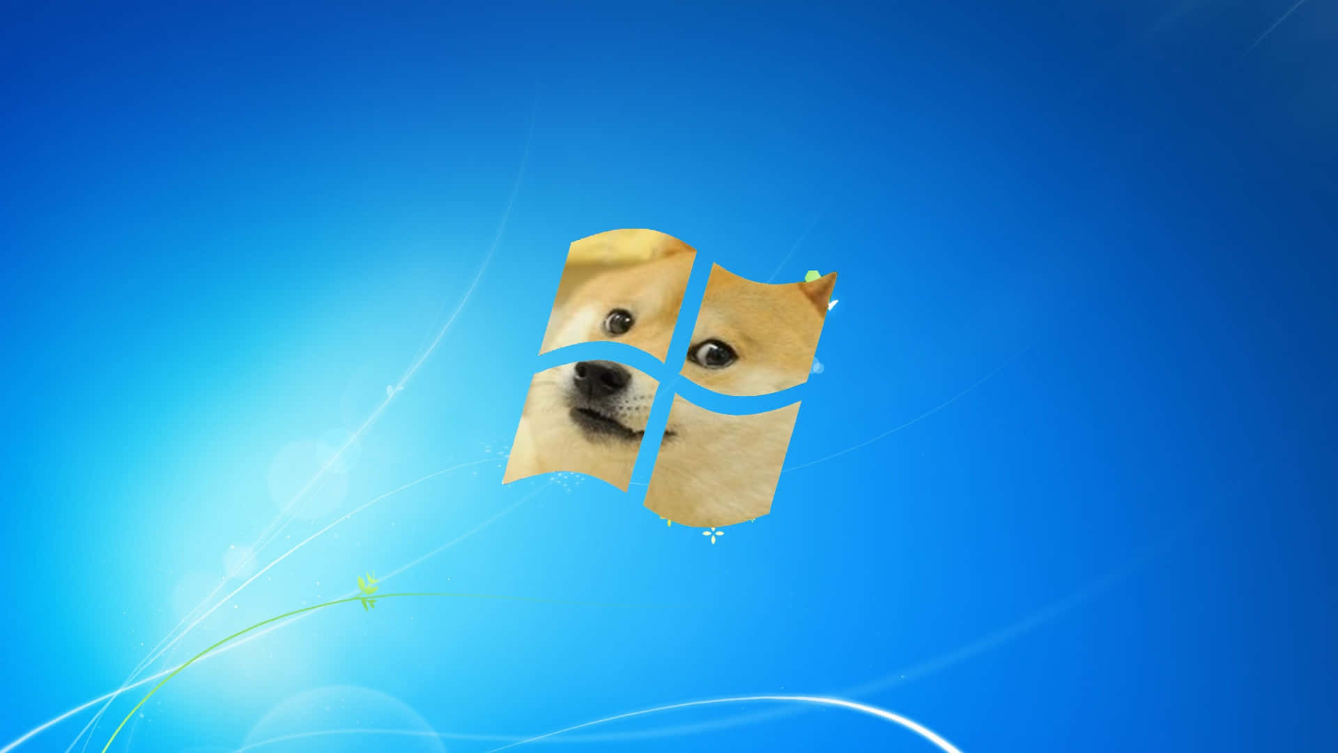 Dog Memes 桌布 壁紙 — 柴犬的臉取代了Windows標誌，背景是明亮的藍色漸變，帶有發光的漩渦。