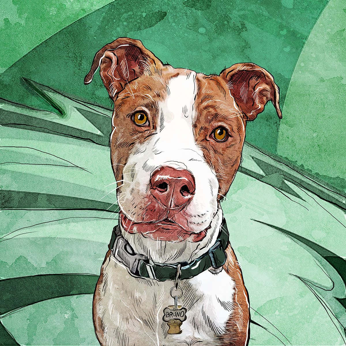 柴犬鬥牛犬素描圖片 壁紙 — 一隻棕色和白色的比特犬，有著金色的眼睛和一個骨頭標籤，名叫布魯諾，從大片綠色熱帶葉子後面凝視著。