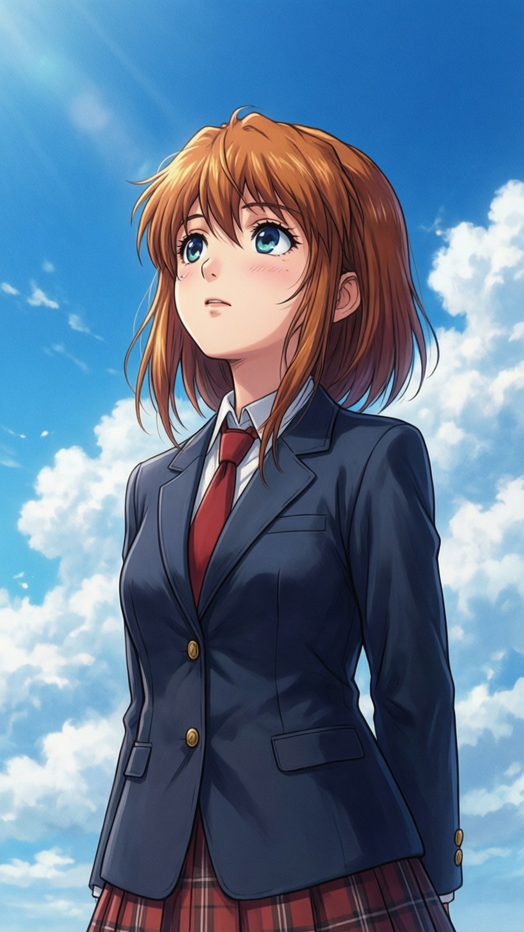穿著校服的動漫女孩在明亮的藍天白雲下