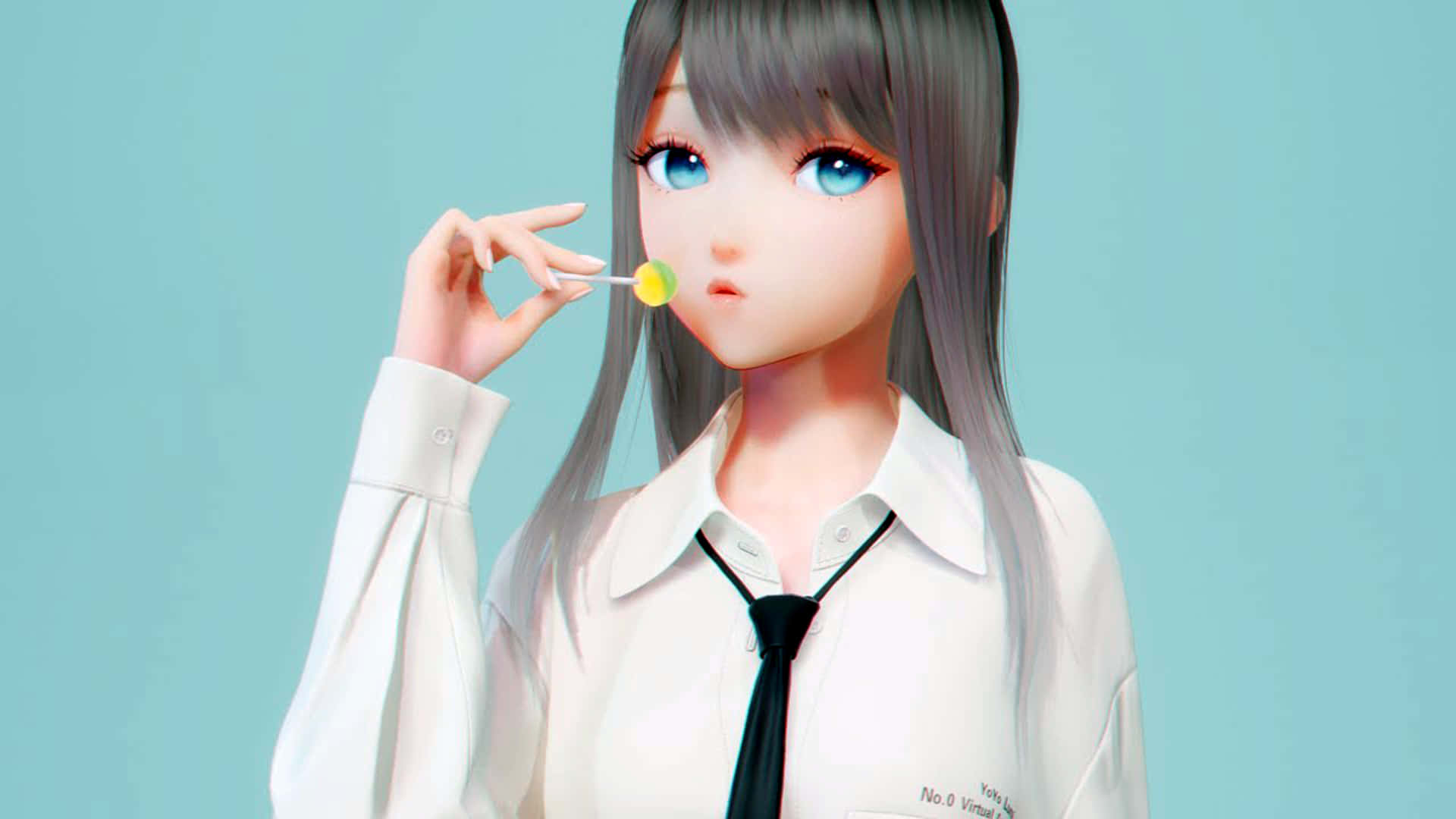 校園女孩3D 壁紙 — 一個可愛的動漫女孩，灰色頭髮和藍色眼睛，在柔和的青綠色背景前，將黃色棒棒糖靠近嘴唇。