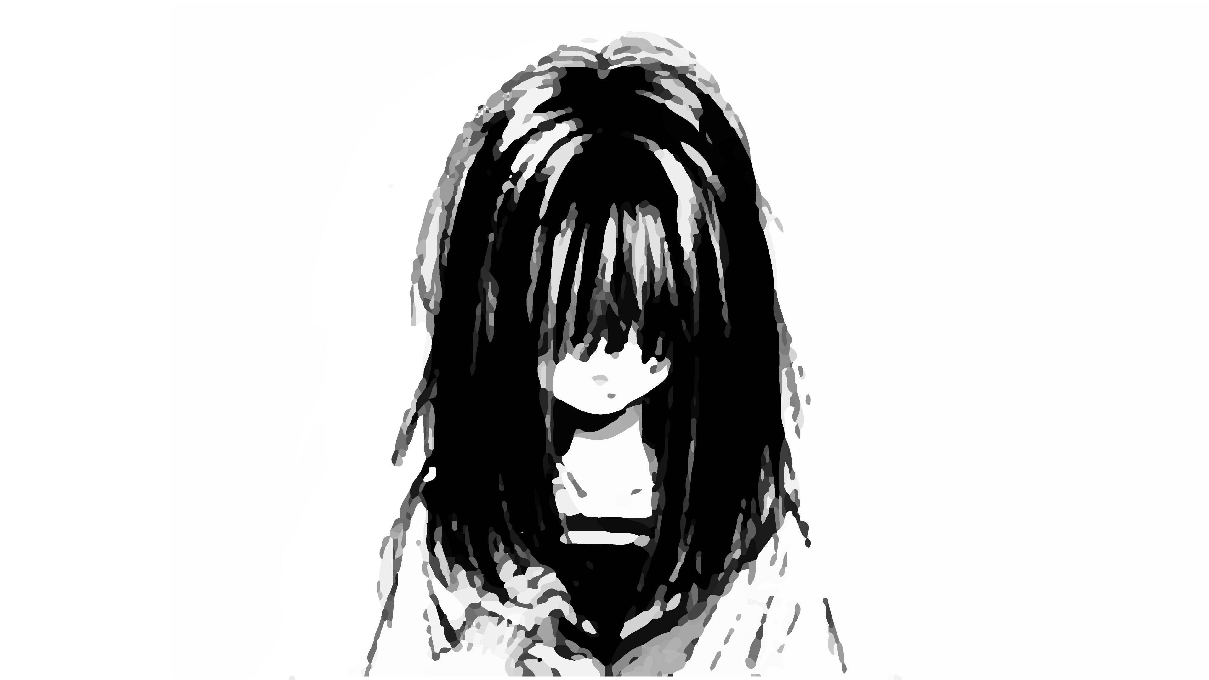 校園女孩悲傷畫作 壁紙 — 一個單色動漫風格女孩，長長的黑髮遮住她的臉，背景是純白色。