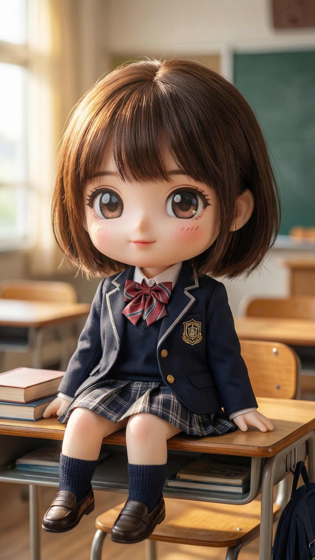 穿著校服的動漫女孩坐在教室桌上，有書本