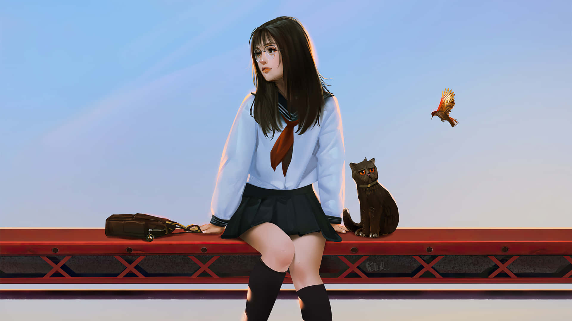 穿著校服的女孩與貓和鳥坐在紅色欄杆上，藍天之下