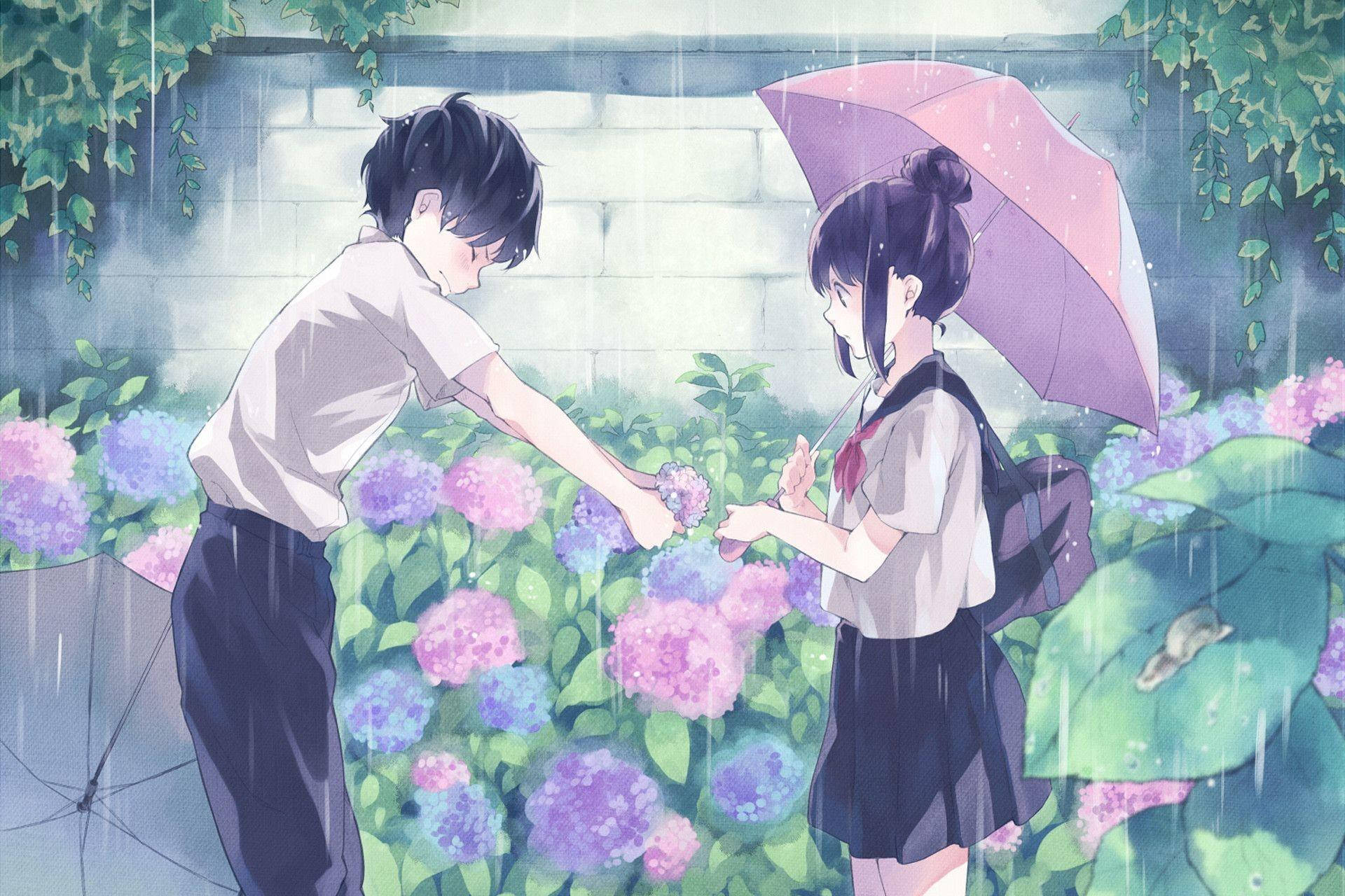 校服情侶動漫組合 壁紙 — 一個穿著校服的男孩和女孩在盛開的繡球花中，在粉紅色的傘下分享溫柔的時刻，伴隨著輕柔的雨。