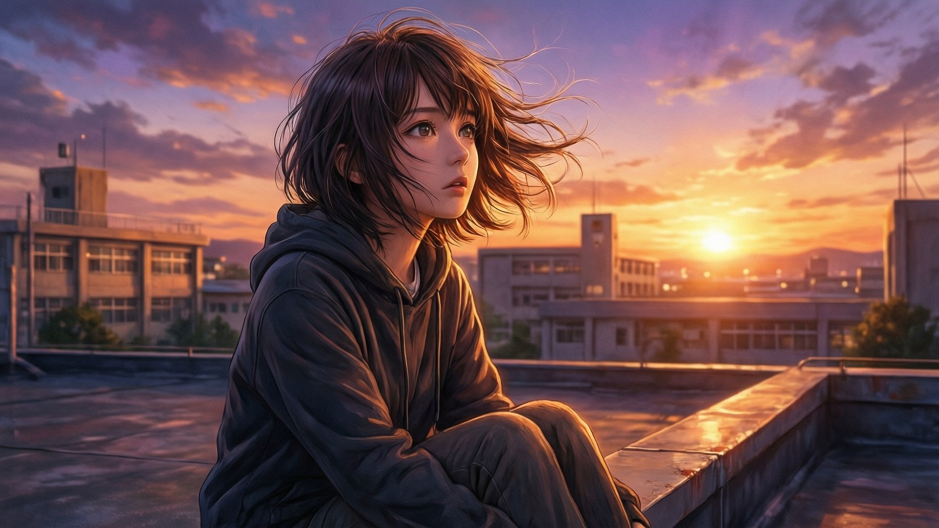 年輕動漫女孩坐在夕陽下的屋頂上俯瞰城市