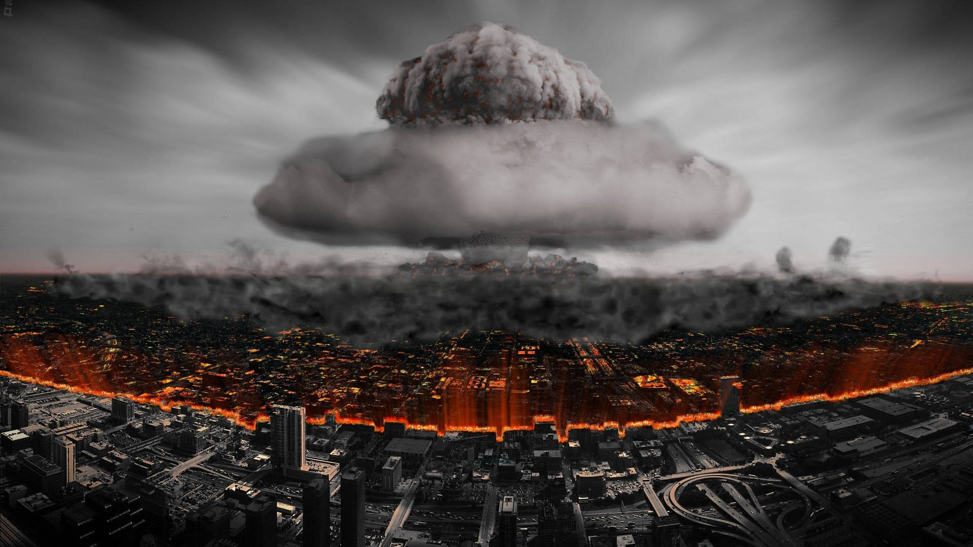 核爆炸的蘑菇雲懸浮在黃昏時燃燒的城市上空。