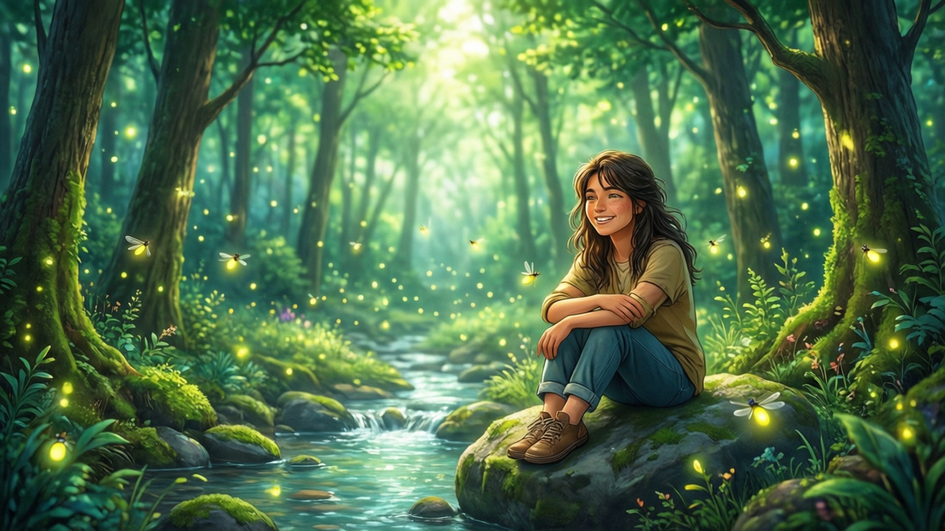 格倫森林寧靜 壁紙 — 一位年輕女性平靜地坐在森林溪流旁長滿青苔的石頭上，發光的螢火蟲在斑駁的陽光中圍繞她翩翩起舞。