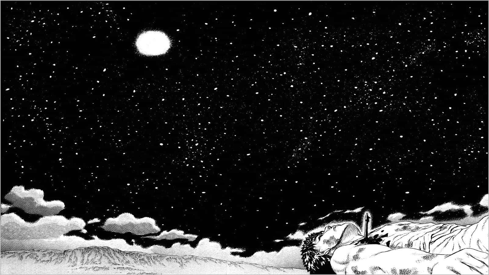 一個人在滿月和雲層的星空下睡覺。