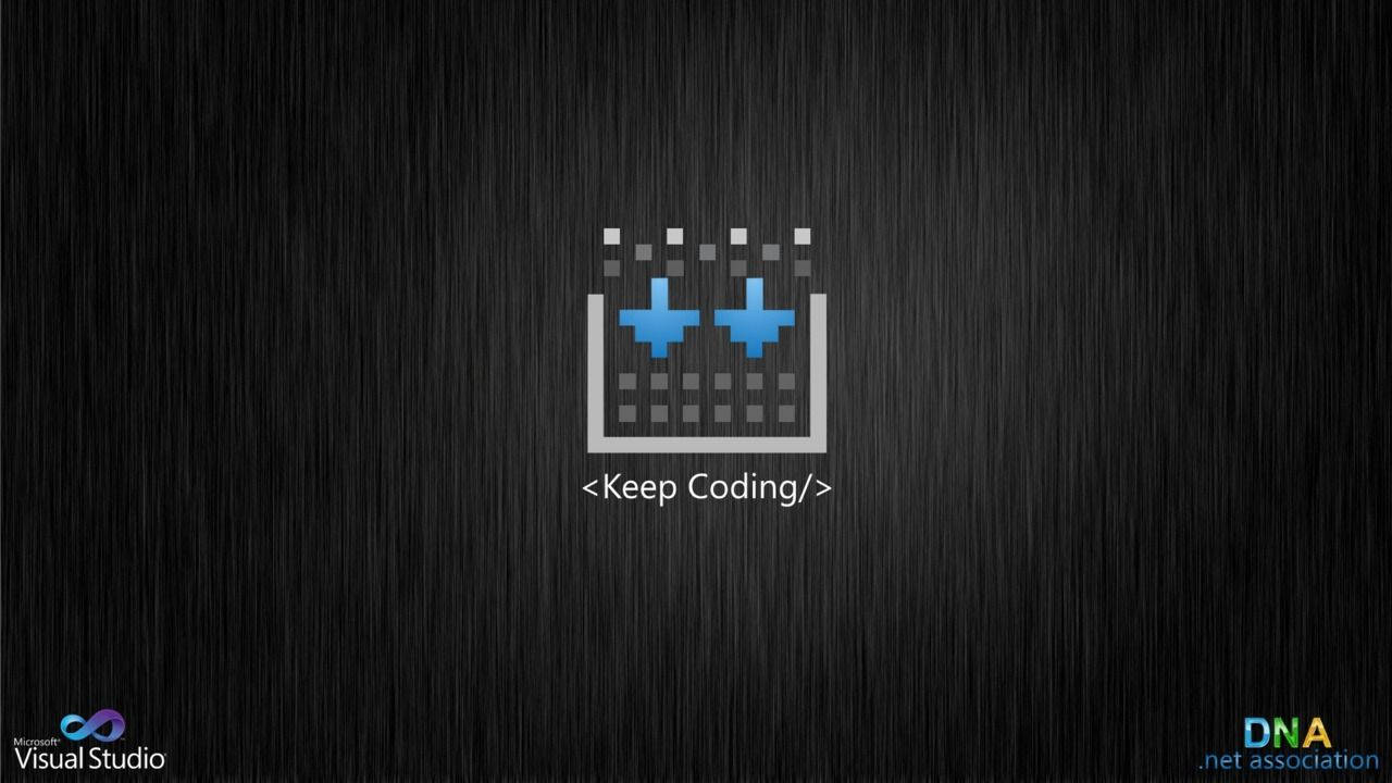 像素化藍色加號圖標，帶有 Keep Coding 文字，位於拉絲黑色金屬背景上。