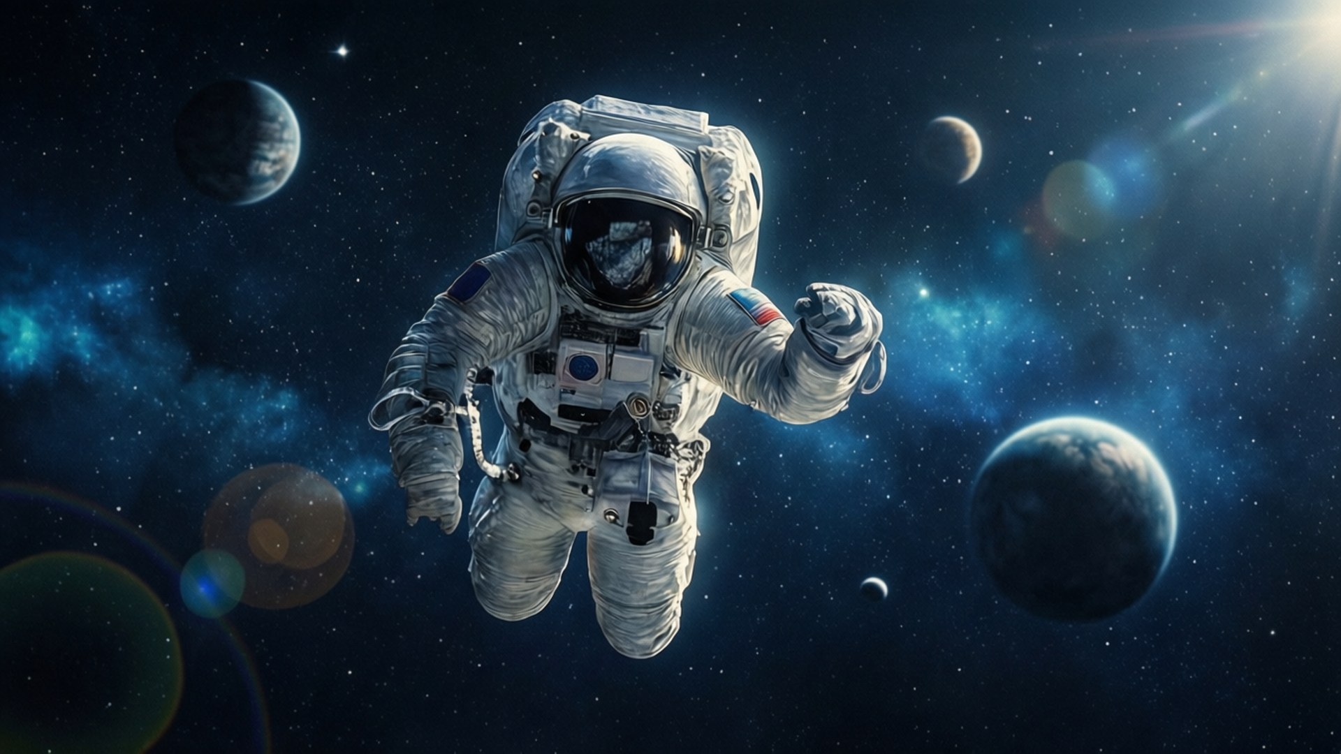 太空人在深空中於行星和恆星之間漂流。