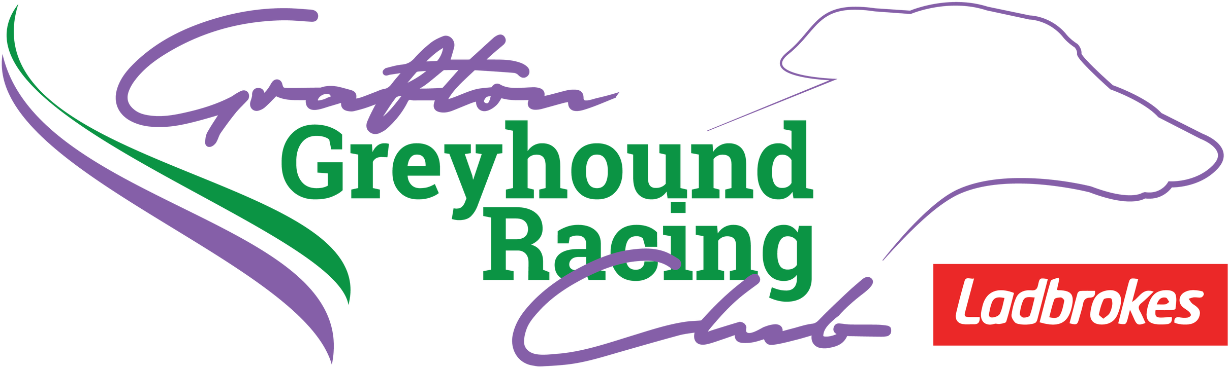 格拉夫頓灰狗賽車俱樂部標誌 壁紙 — Grafton Greyhound Racing Club 的標誌，帶有紫綠色文字和黑色背景上的灰狗剪影。