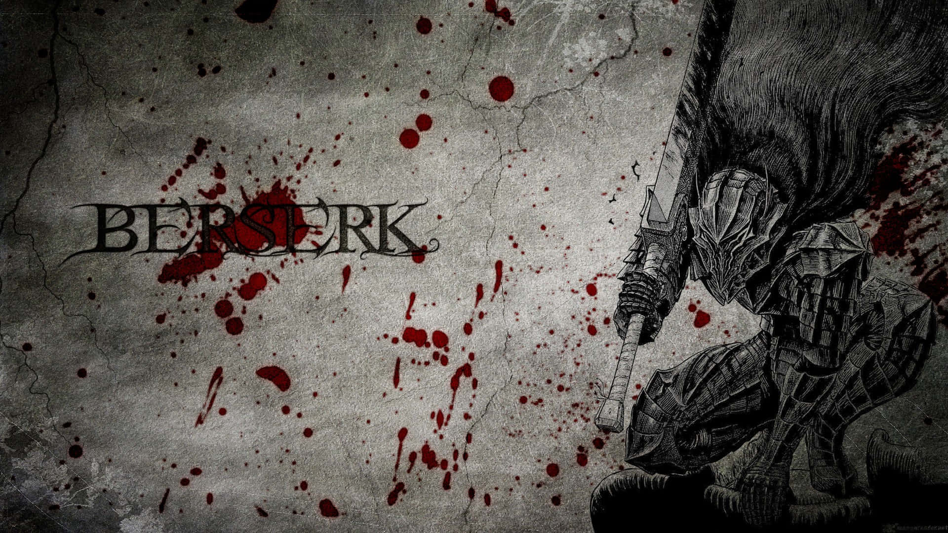 一個黑暗的動漫戰士身穿盔甲，在血跡和「berserk」字樣中持劍。