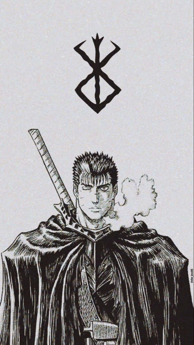 一個嚴肅的武士戰士披著斗篷，背著劍，在一個風格化的符號下抽煙斗。