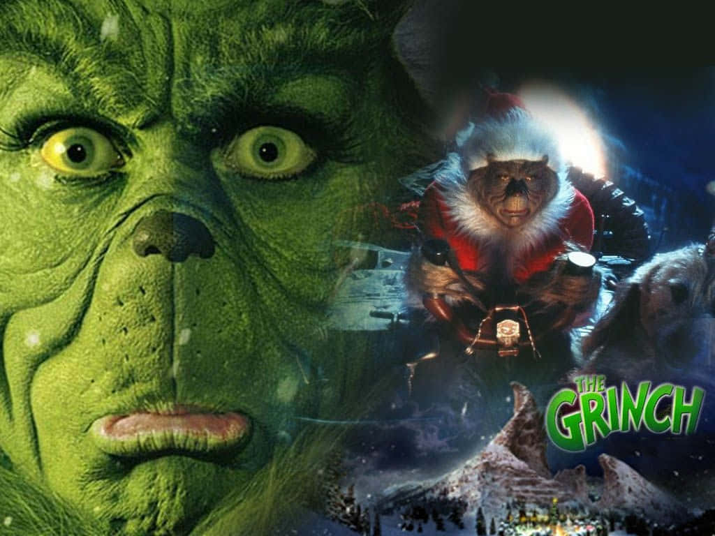Grinch 乘坐雪橇在夜間飛越雪鎮。