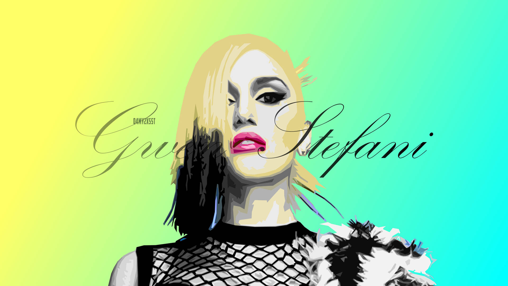 Gwen Stefani 在彩色漸變背景上，帶有鮮豔的妝容和漁網上衣。