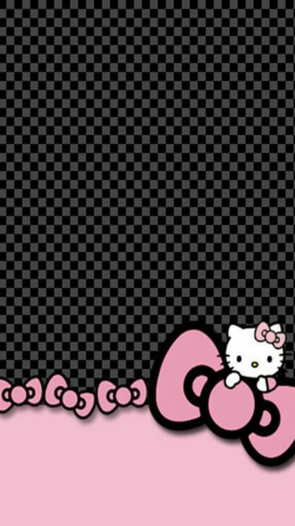 Hello Kitty 角色在格紋背景上從一個大粉紅色蝴蝶結後面窺視。