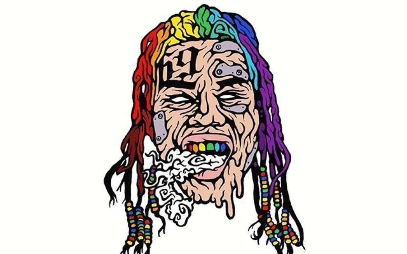 一個色彩繽紛的插圖臉孔，帶有彩虹色辮子，正在呼出煙霧。