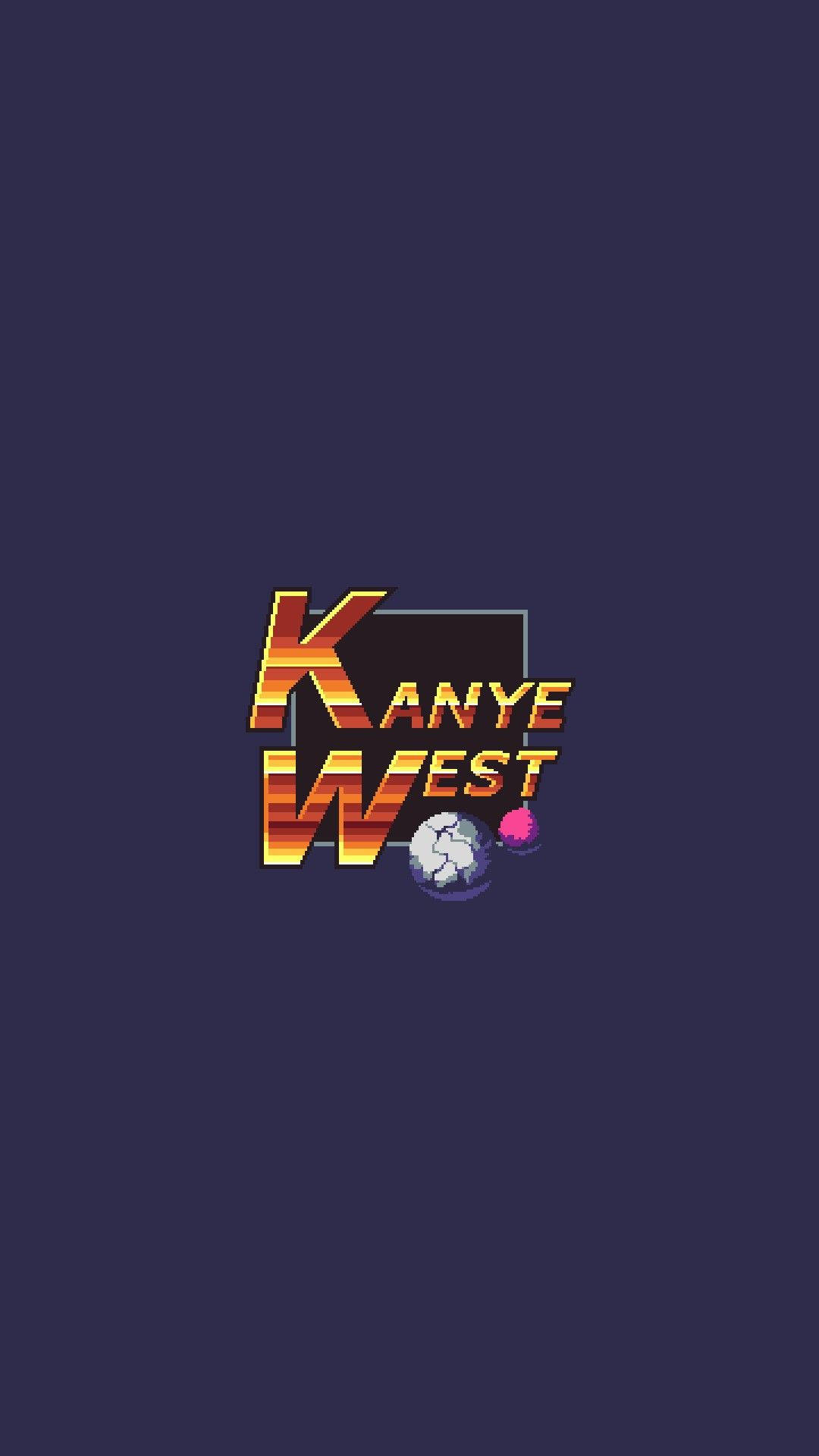 Kanye West 像素藝術標誌，帶有火熱漸變文字和裂開的球體，深紫色背景