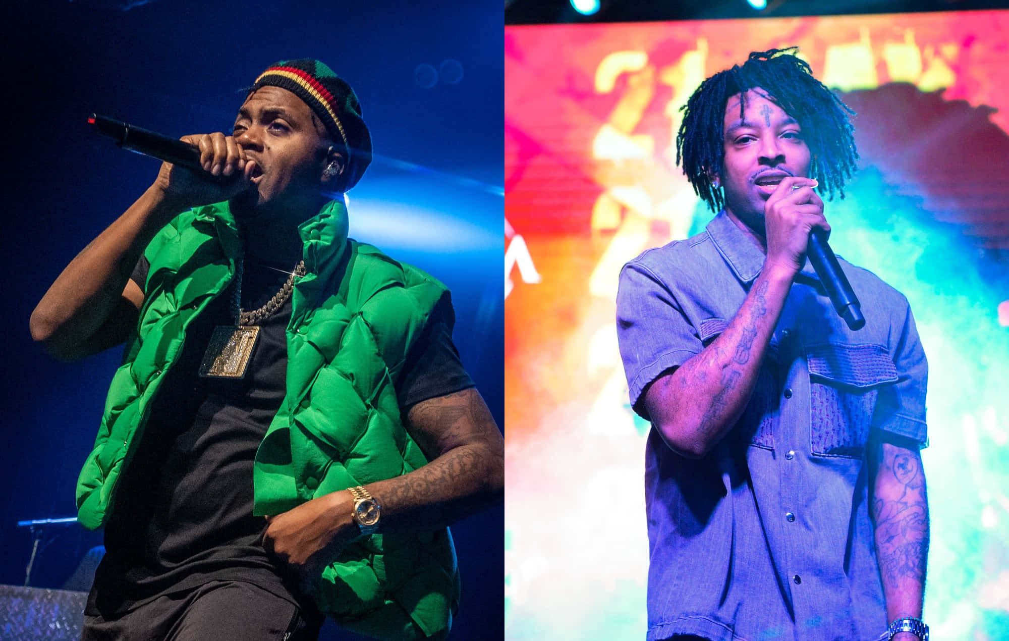 格萊美提名嘻哈超級巨星21 Savage 壁紙 — 兩位饒舌歌手在色彩繽紛的燈光下於舞台上表演，一位身穿綠色背心，另一位身穿藍色襯衫，兩人都手持麥克風。