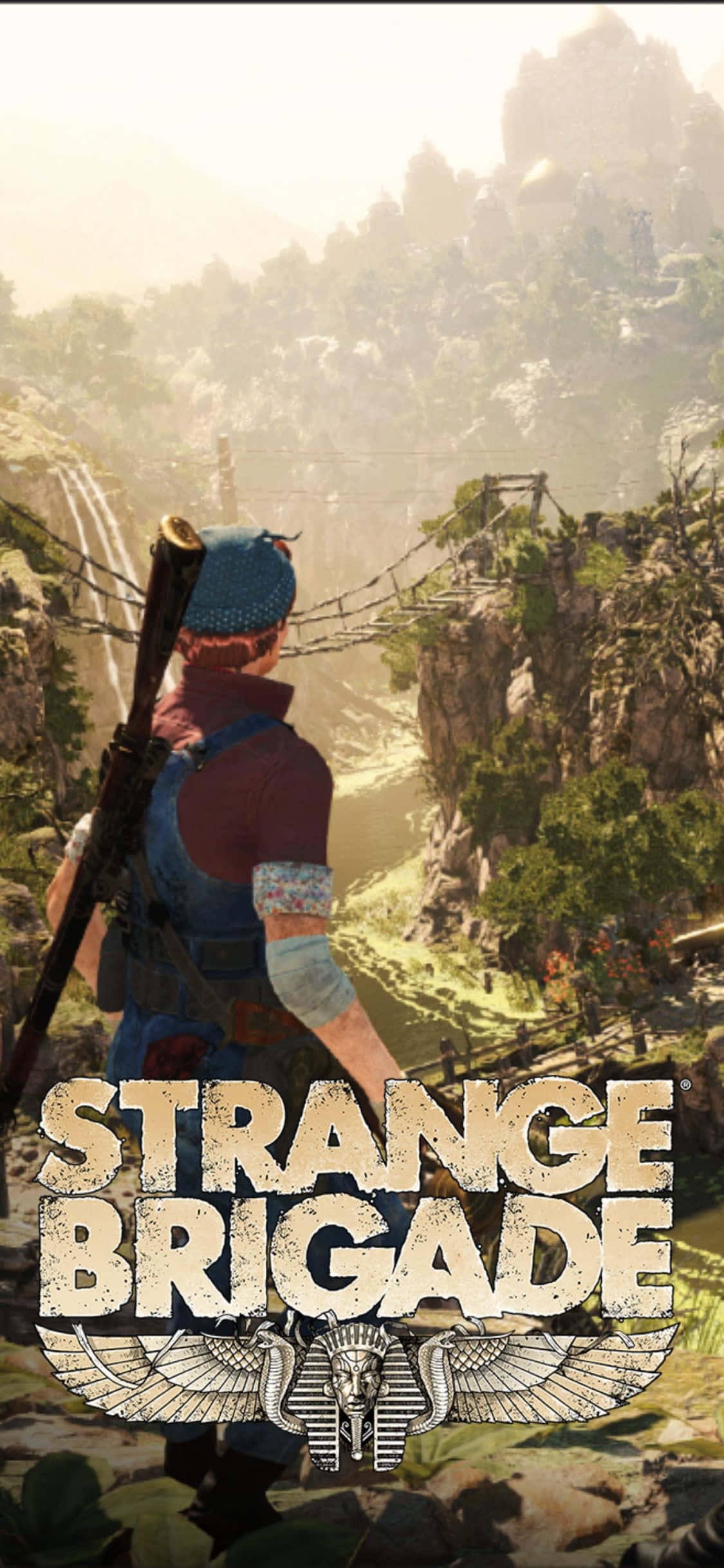 格蕾西·布萊斯瓦特 iPhone X Strange Brigade 背景 壁紙 — 一個戴藍色帽子和背心的角色站在懸崖上，俯瞰著一個有古老遺跡和繩橋的霧氣瀰漫的叢林山谷。