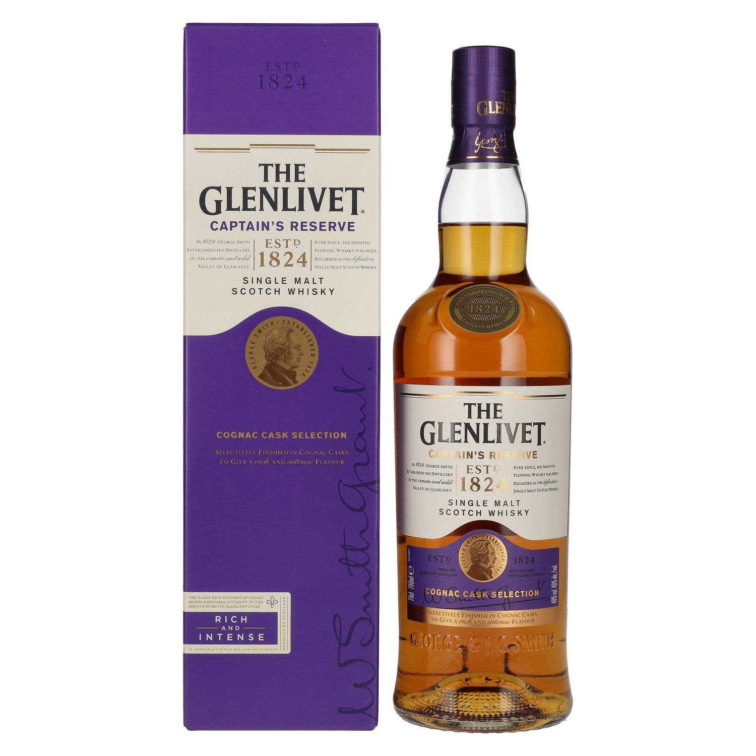 紫色設計的The Glenlivet Captain's Reserve威士忌瓶和盒子。