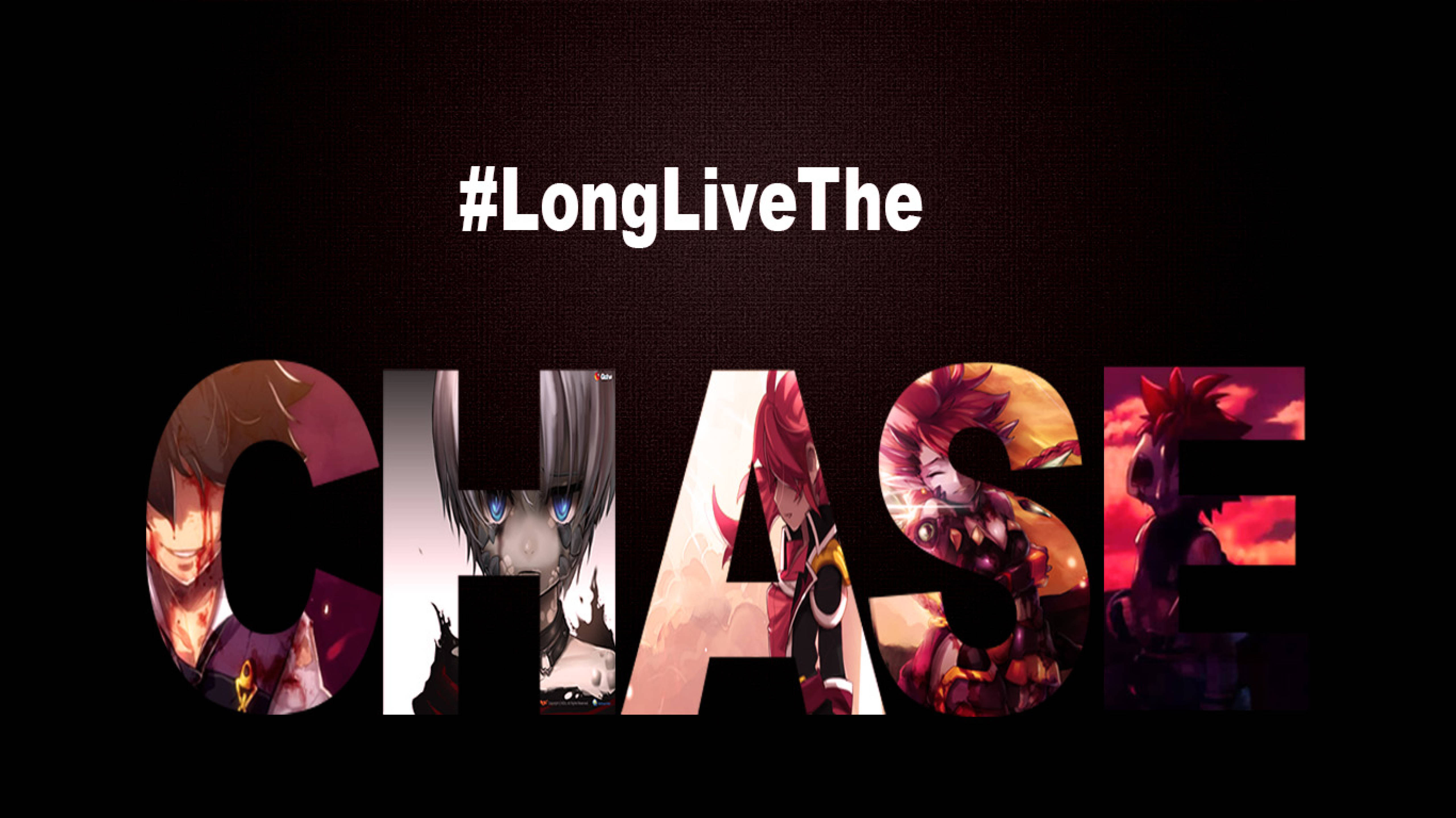 格蘭德奇賽長久追擊字體藝術 壁紙 — 粗體白色文字 #LongLiveThe CHASE 每個字母內有動漫角色，背景為深色紋理。