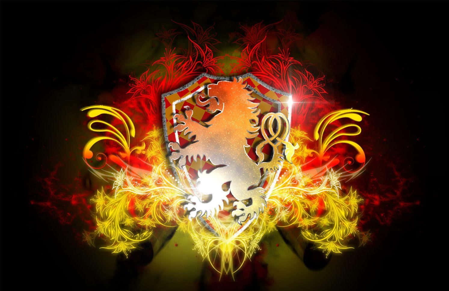 格蘭芬多徽章藝術詮釋 壁紙 — 一個閃耀的銀色獅子紋章在深色背景上爆發出火黃色和紅色的華麗漩渦。