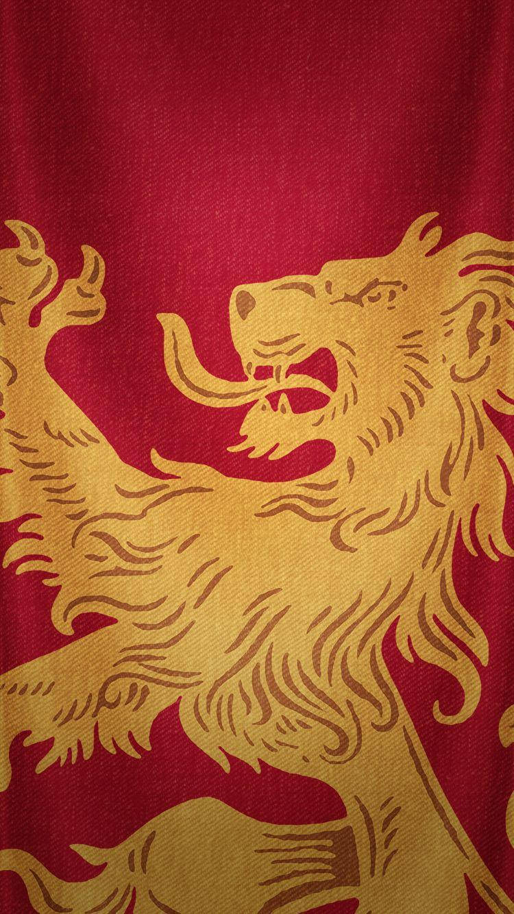 格蘭芬多獅子旗幟 壁紙 — 金色躍立獅子徽章，位於深紅色紋理布料上，線條精細，色彩對比豐富。