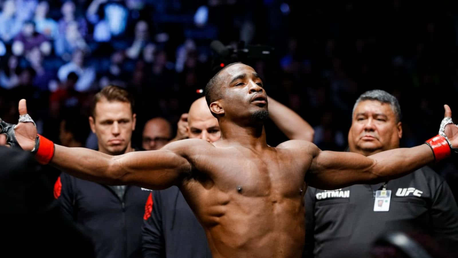 UFC拳手在八角籠中舉起雙臂慶祝勝利。